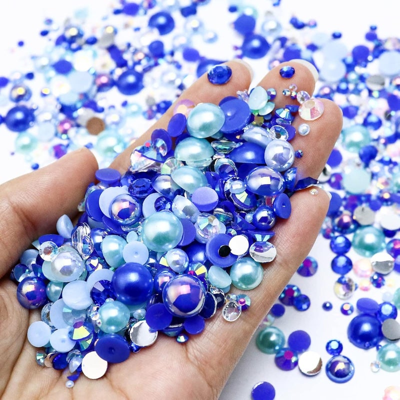 Towenm 60g Mixed Pearls and Rhinestones, Flatback Rhinestones & Pearls for Crafts, Tumblers, Shoes, Nails, Face Art, 2mm-10mm Mixed Sizes, Blue|Green|White - Image 2